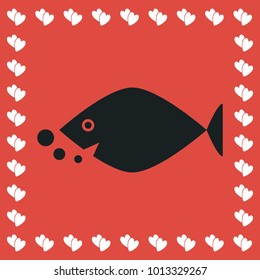 Fish icon flat. Simple black pictogram on red background with white hearts for valentines day. Illustration symbol