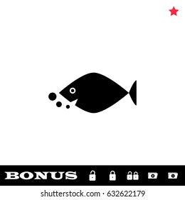Fish icon flat. Simple black pictogram on white background. Illustration symbol and bonus icons open and closed lock, folder, star