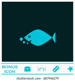 Fish icon flat. Simple blue pictogram on dark background. Illustration symbol and bonus buttons