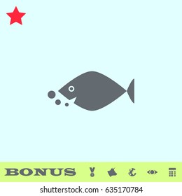 Fish icon flat. Simple gray pictogram on blue background. Illustration symbol and bonus icons medal, cow, earth, eye, calculator
