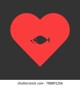 Fish icon flat. Simple pictogram on heart background. Illustration symbol
