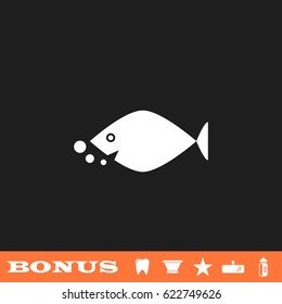 Fish icon flat. Simple white pictogram on black background. Illustration symbol and bonus icons tooth, vase, star, mirror, bottle