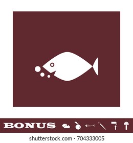 Fish icon flat. Simple white pictogram on brown background. Illustration symbol and bonus buttons
