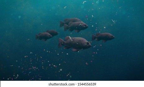 Fish School Between Plastic Pollution, Micro Plastic Particles In Ocean Water (3d Illustration)