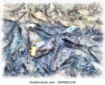 Fish Scramble For Food Watercolor Style Illustration Impressionist Painting.