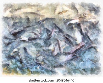 Fish Scramble For Food Watercolor Style Illustration Impressionist Painting.