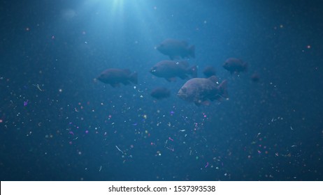 Fish Swarm Swimming Through Plastic Pollution, Micro Plastic Particles In Ocean Water (3d Rendering)