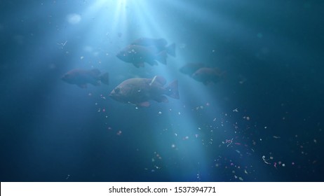 Fish Swarm Swimming Through Plastic Pollution, Micro Plastic Particles In Ocean Water (3d Illustration)