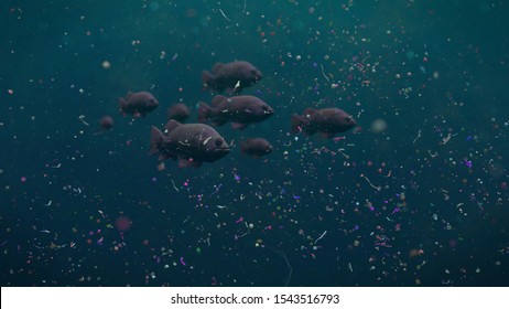 fish swarm swimming through plastic pollution, micro plastic particles in ocean water (3d render)