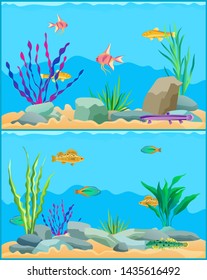 Fish Underwater Seascape Set. School Of With Non-flowering Plants Seaweed Aquatic Animals. Exotic Biodiversity Diversity Raster Illustration