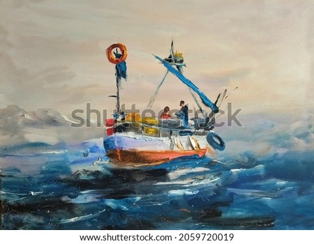 Fishboat in the sea, fishing, yacht, modern painting contemporary art