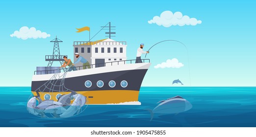 Fisher people in fishing vessel boat illustration. Cartoon flat commercial fishing industry background with fisherman working, catching fish seafood and using net. Ocean or sea nature landscape