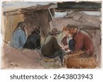 Fisherfolk by the sea, 1900 - 1925 by Magnus Enckell. Vintage illustration by Magnus Enckell. Beautiful old colorful painting by famous artist Magnus Enckell, art illustration.