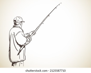 Fisherman From Back, Sketch Of Fishing Man, Hand Drawn Illustration