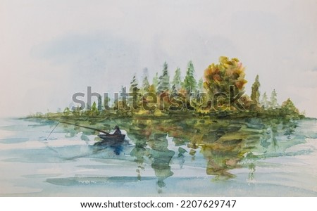 Fisherman in boat float on reflection water surface with autumn colorful foliage island and sky. Hand watercolor art painting