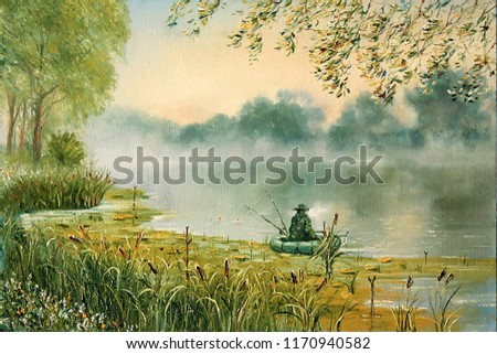 A fisherman in a boat on the lake. Painting. Painting with oil paints