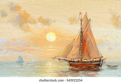 Fisherman boat, paintings oil, paintings, fishing, ocean, sea, sky, canvas,  fisherman, beach, boats, landscape, art, coast, background,  harbor, paint, illustration, fish