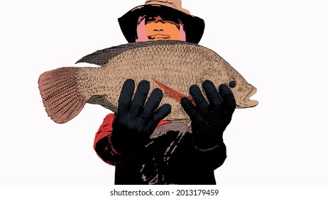 Fisherman Cartoon Character Showing Fish And Looking At Camera.