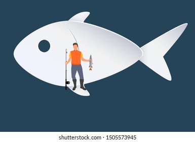 Fisherman with fish on background raster icon. fisher fishing from flipper of pale fishery icon holding rod and pike in hands sport hobby theme - Shutterstock ID 1505573945