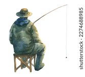 Fisherman with Fishing Rod on White Background, watercolor illustration. Fishing Rod in Hand. Catch Fish. Hobby Fishing. a fisherman sits on a chair with a fishing rod in his hand, view from the back