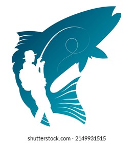 Fisherman with a fishing rod silhouette. The fish are jumping for the bait. Symbol for fishing and hobby