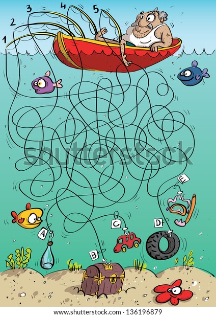 Fisherman Maze Game Children Hand Drawn Stock Illustration 136196879 ...