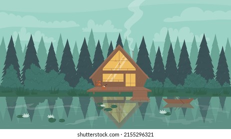 Fisherman modern wooden stilt house in forest illustration. Cartoon mountain landscape, reflection of riverside cabin cottage with window lighting in calm waters of lake or river background