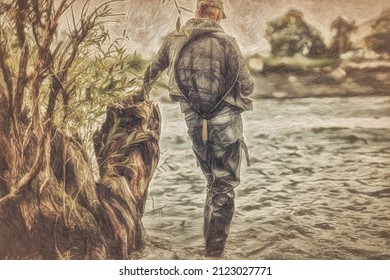 Fisherman with rod fishing on the river. Painting effect. - Shutterstock ID 2123027771