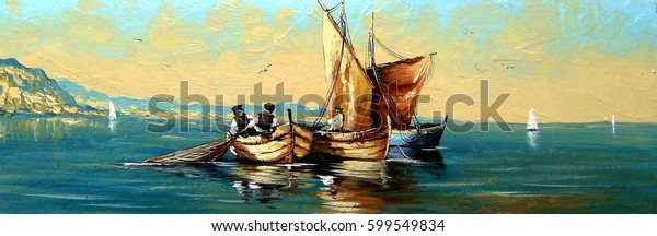 Fisherman, ships, boat, sea landscape, oil paintings. 3d nature wall painting. 