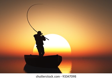 Fisherman silhouette at sunset.