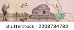 Fishermen, traditional reed house of the Mesopotamian marshes, Tigris and Euphrates rives on the map,  Portrait from Iraq 50000 Dinars 2020 Banknotes. 