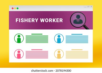 Fishery Worker Logo In Header Of Site. Fishery Worker Text On Job Search Site. Online With Fishery Worker Resume. Jobs In Browser Window. Internet Job Search Concept. Employee Recruiting Metaphor