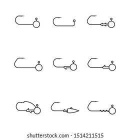 Fishing accessories from thin lines. Set of different jig heads, isolated on white background,  illustration.