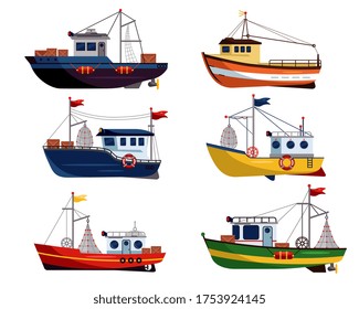 Fishing Boat. Commercial Fishing Trawler For Fishery Industrial Of Seafood Production Illustration. Small Marine Ship, Sea Or Ocean Fish Boat Set.