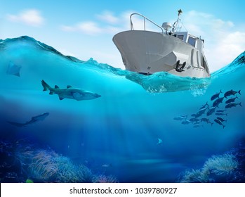 Fishing boat in the sea. 3D illustration.