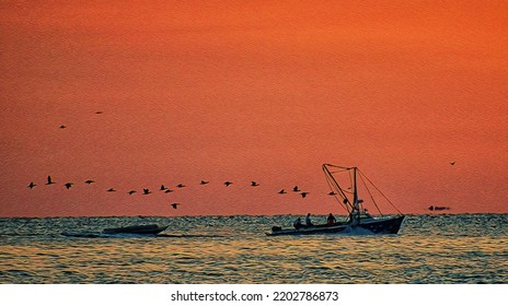 Fishing Boat And Skiff At Dawn, Chesapeake Bay ,illustration 