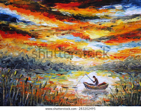 釣り カラフルな絵 カラフルな雲 川 夕日 アシ 釣り竿を持つ船に乗った男 夜釣り 油絵 ヘラ 印象派 のイラスト素材