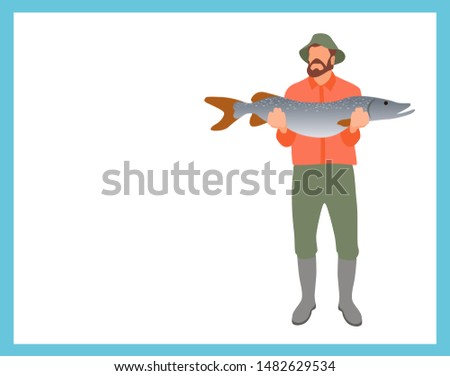 Fishing fisherman with fish in hands raster illustration. Standing beardman holding just caught big trout, fisher in sportswear and hat, sport theme Stock photo © 