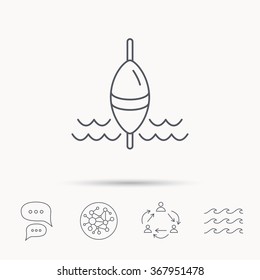Fishing float icon. Fisherman bobber sign. Global connect network, ocean wave and chat dialog icons. Teamwork symbol.