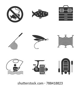 Fishing Glyph Icons Set. No Fishing Sign, Tackle Box, Landing Nets, Fly Fishing, Spinning Reel, Motor Rubber Boat. Silhouette Symbols. Raster Isolated Illustration