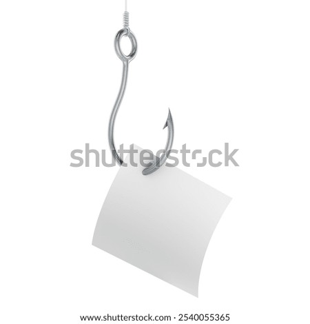 Fishing Hook with Blank Note Paper, 3D rendering isolated on white background