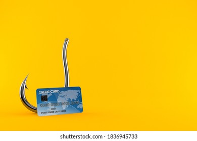 Fishing hook with credit card isolated on orange background. 3d illustration