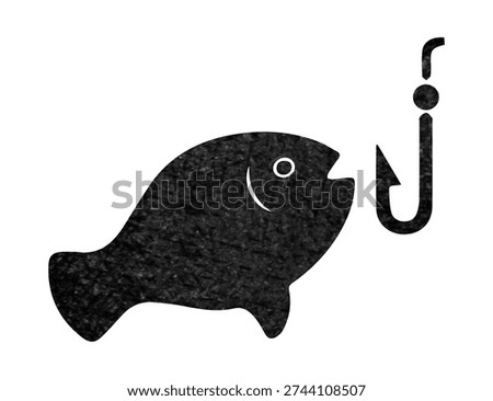 Fishing hook with fish vector glyph icon. Perfect camping and hiking sign for travel and tourism websites, apps, and outdoor adventure branding. Clean, minimalist design representing angling, nature exploration, and wilderness recreation