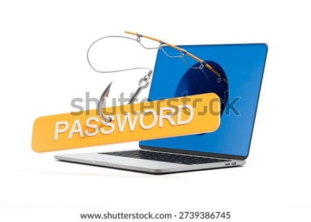 A fishing hook pulling a password sign from a laptop screen, in a creative graphic style, on a white background. Concept of scam, piracy, and security. 3D Rendering