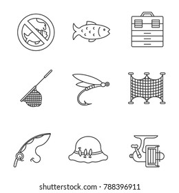 Fishing Linear Icons Set. No Fishing Sign, Tackle Box, Landing Nets, Fly Fishing, Spinning Reel, Motor Rubber Boat, Fisherman's Hat. Thin Line Contour Symbols. Isolated Raster Outline Illustrations