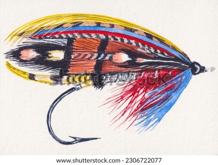 Fishing. Lure for fly fishing. Fake Insect or bait with sharp hook. Colored feathers birds for trout fishing. Watercolor painting. Acrylic drawing art. A piece of art.