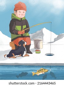 The Fishing Man And His Dog Is In The Winter. Fishing Fish Under The Ice.