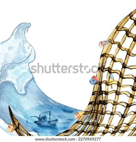 Fishing net and buoy, seascape with sailboat watercolor illustration isolated on white background.