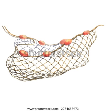 Fishing net with floats, watercolor illustration isolated on a white background.