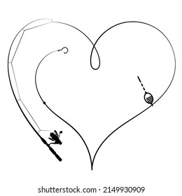 Fishing Rod With Float And Hook. Fishing Rod And Fishing Line In The Form Of A Heart. Love For Fishing Symbol